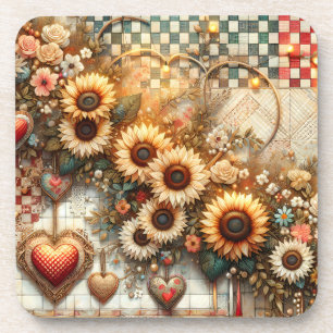 Cute Country Patchwork With Sunflowers Coaster