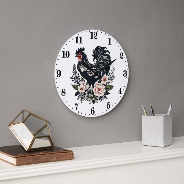 Cute country rooster lovers  large clock (Office)