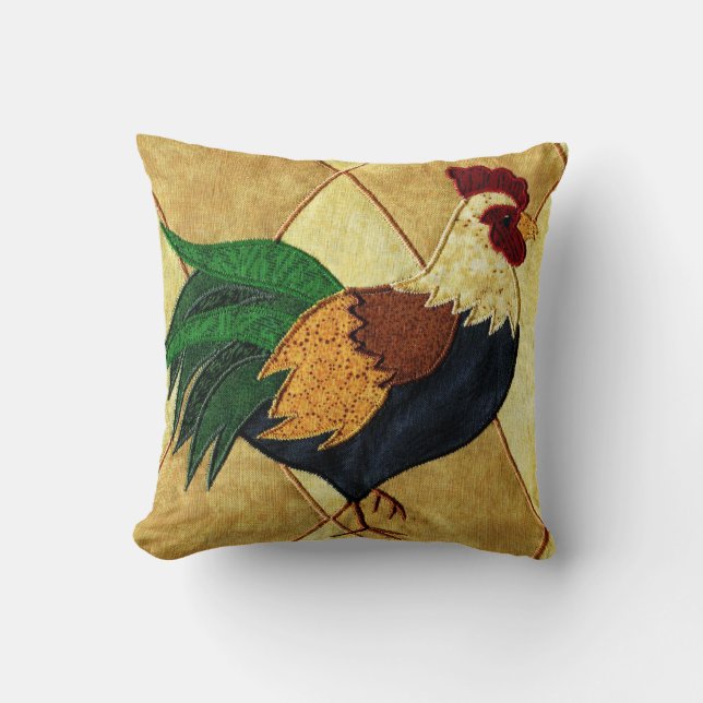 Cute Country Rooster Quilted Look Throw Pillow (Front)