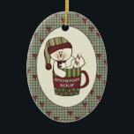 Cute Country Snowman Soup Christmas Cup Ceramic Tree Decoration<br><div class="desc">Cute Snowman sits in  a Christmas cup ful of hot Holiday soup with a candy cane swizzel stick on a country heart background.</div>