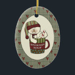 Cute Country Snowman Soup Christmas Cup Ceramic Tree Decoration<br><div class="desc">Cute Snowman sits in  a Christmas cup ful of hot Holiday soup with a candy cane swizzel stick on a country heart background.</div>