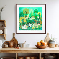 Cute Country Village Green Colourful Sweet Art