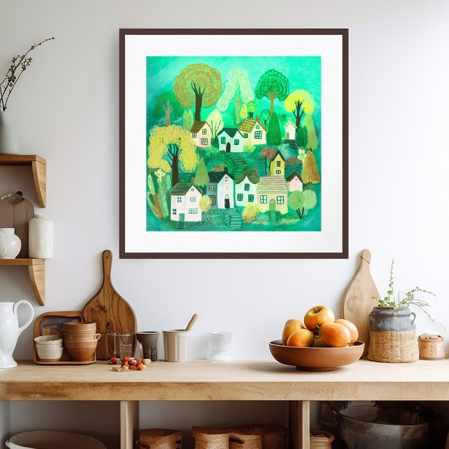 Cute Country Village Green Colourful Sweet Art Poster (Cute Country Village GREEN Colorful Watercolor Art Poster
)