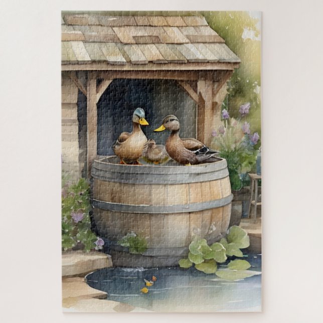 Cute Country Water-colour Bathing Ducks Jigsaw Puzzle (Vertical)