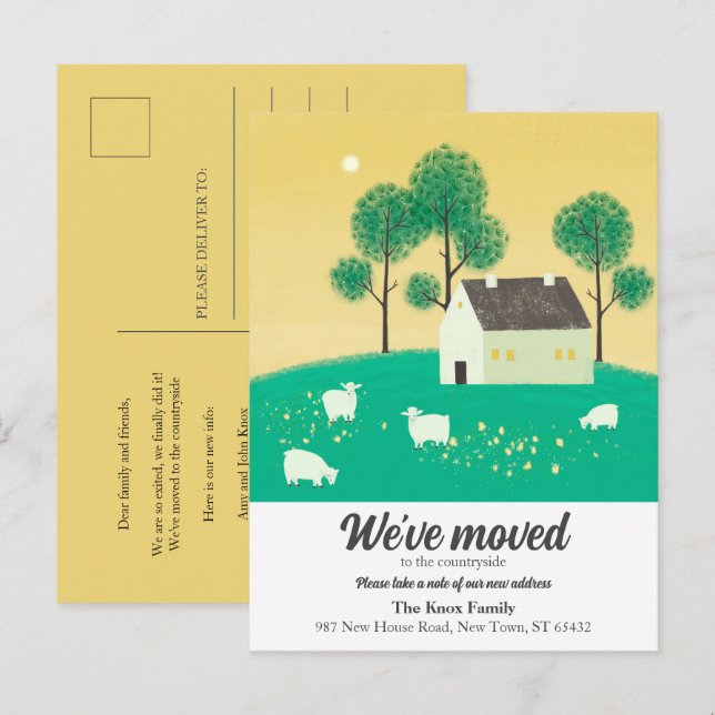 Cute Countryside House Trees Sheep We've Moved Announcement Postcard (Front/Back)