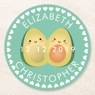 Cute Couple Avocados Let's Avocuddle Wedding Party Round Paper Coaster