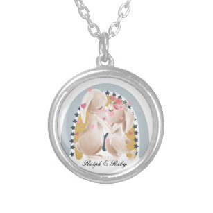 Cute Couple Bunny Rainbow Customised Gift Him Her  Silver Plated Necklace
