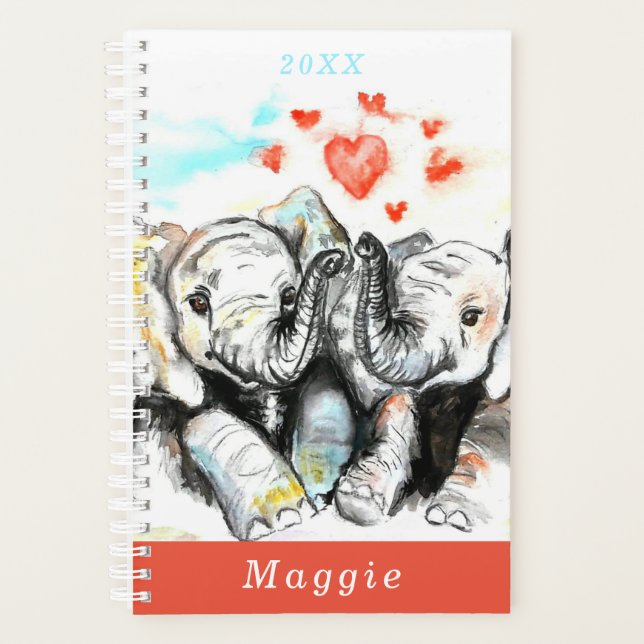 Cute Couple Elephant Planner Custom Name and Year (Front)