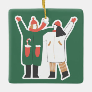 Cute Couple Winter Illustration Custom Name  Ceramic Ornament