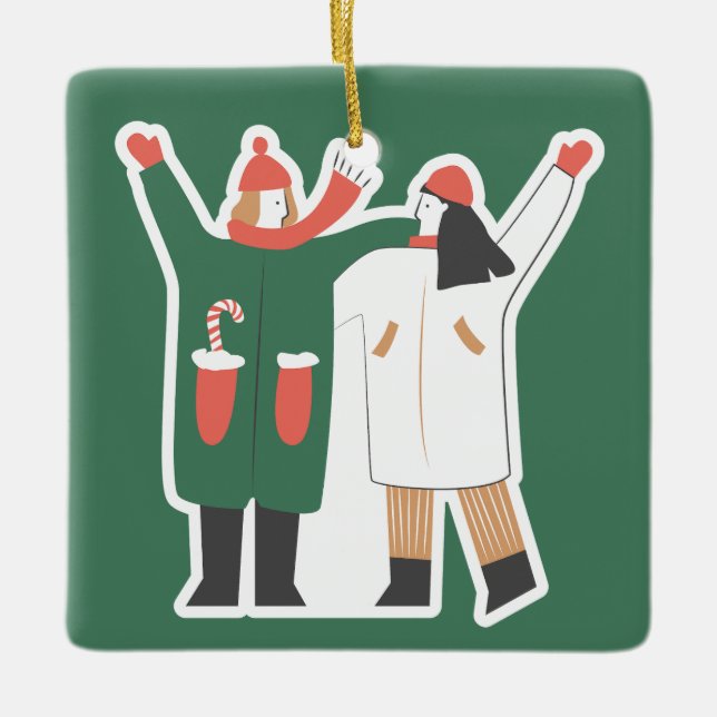 Cute Couple Winter Illustration Custom Name  Ceramic Ornament (Front)