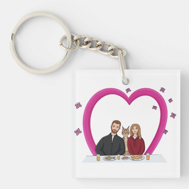 Cute Couple with Cat Romantic Heart Keychain (Front)