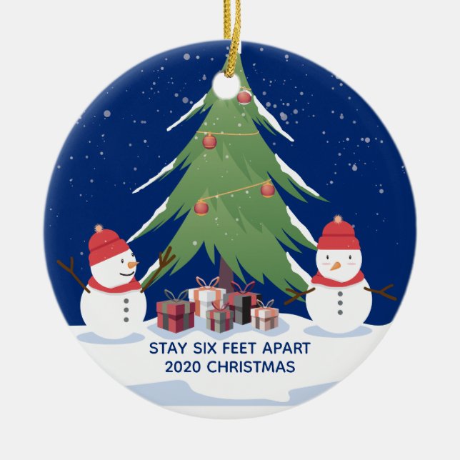 Cute Covid Christmas Snowmen Stay 6 Feet Apart Ceramic Tree Decoration (Front)