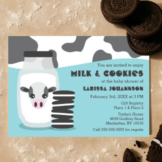 Cute Cow and Milk and Cookies Blue Baby Shower Invitation