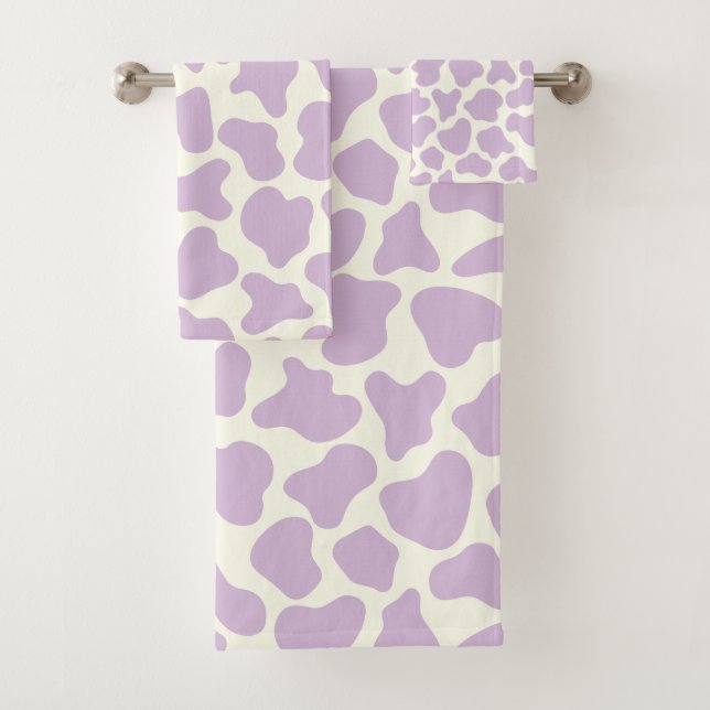 Cute Cow Animal Print Pattern Aesthetic Lilac Bath Towel Set (Insitu)