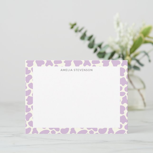 Cute Cow Animal Print Pattern Personalised Purple Card (Standing Front)