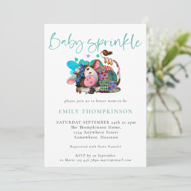 Cute Cow Asleep Farm Teal Baby Sprinkle  Invitation (Standing Front)