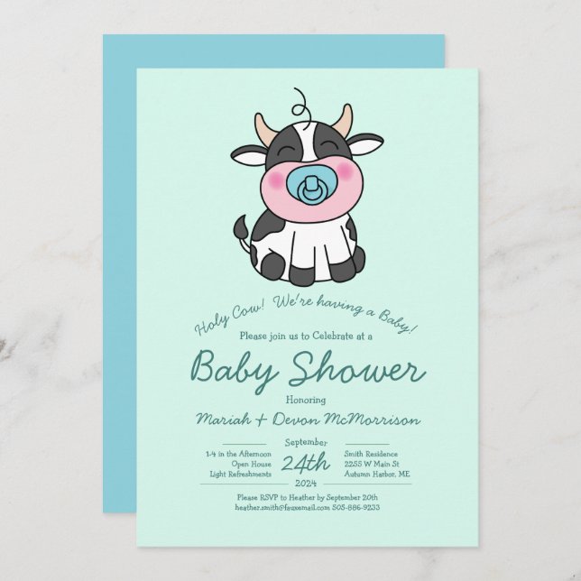 Cute Cow Baby Shower Kawaii Blue Boy Invitation (Front/Back)
