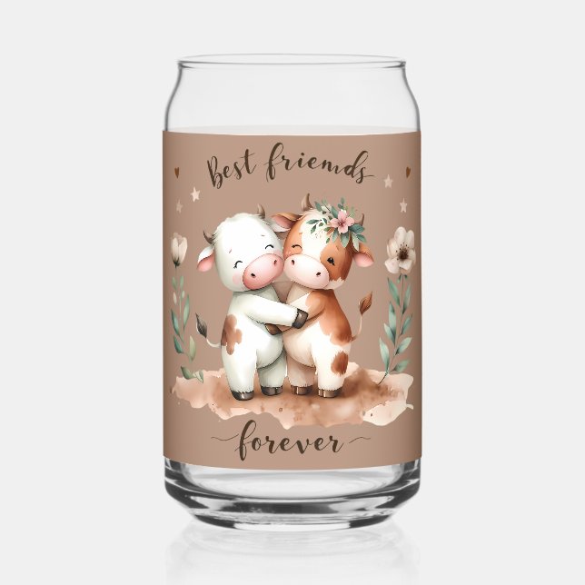 Cute Cow Best Friends Hug Floral Art Can Glass (Front)