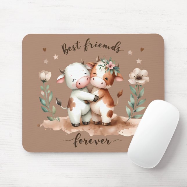 Cute Cow Best Friends Hug Floral Art Mouse Pad (With Mouse)