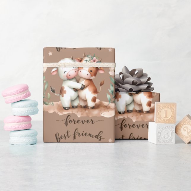 Cute Cow Best Friends Hug Floral Art Wrapping Paper (Baby Shower)