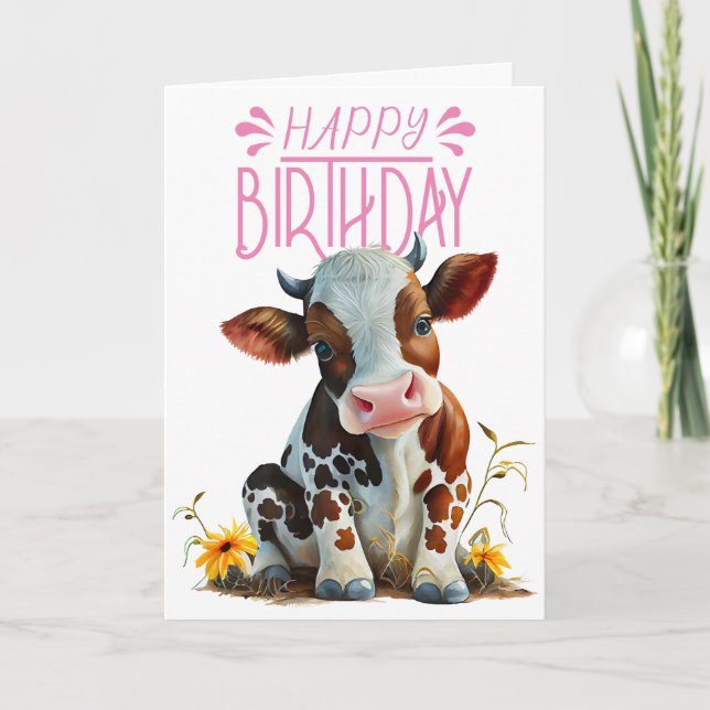  Cute Cow Birthday Girl Pink Card (Front)