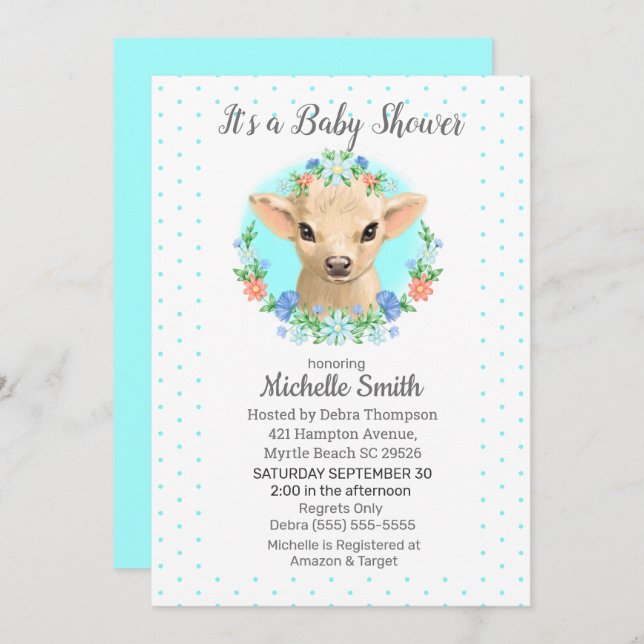 Cute Cow Blue Boys Floral Baby Shower    Invitation (Front/Back)