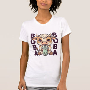 Cute Cow Boba Tea Vintage Engraving T-Shirt Design