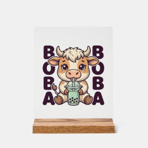 Cute Cow Boba Tea Vintage Engraving T-Shirt Design Acrylic Sign