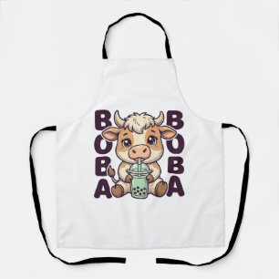 Cute Cow Boba Tea Vintage Engraving T-Shirt Design Apron