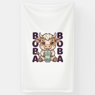 Cute Cow Boba Tea Vintage Engraving T-Shirt Design Banner