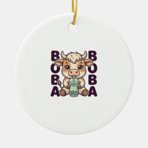 Cute Cow Boba Tea Vintage Engraving T-Shirt Design Ceramic Tree Decoration