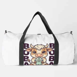Cute Cow Boba Tea Vintage Engraving T-Shirt Design Duffle Bag