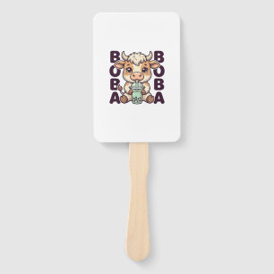 Cute Cow Boba Tea Vintage Engraving T-Shirt Design Hand Fan