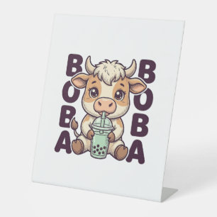 Cute Cow Boba Tea Vintage Engraving T-Shirt Design Pedestal Sign