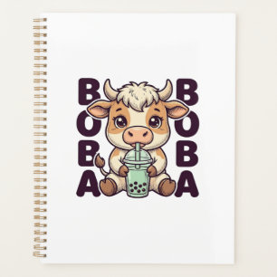 Cute Cow Boba Tea Vintage Engraving T-Shirt Design Planner