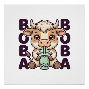 Cute Cow Boba Tea Vintage Engraving T-Shirt Design Poster