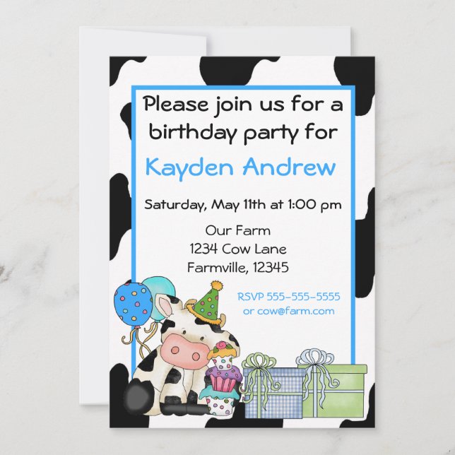 Cute cow boys birthday invitation (Front)