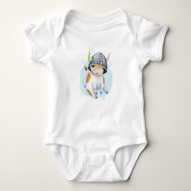 Cute Cow Calf in Viking Helmet Baby Bodysuit (Front)