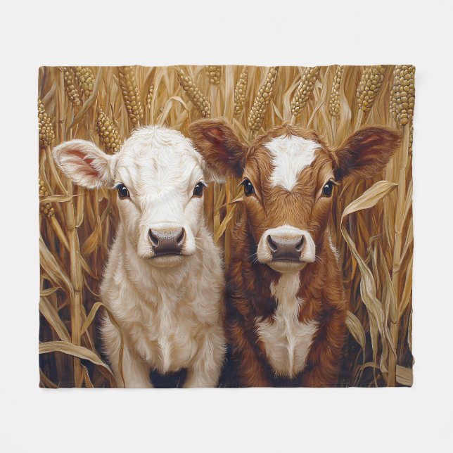 Cute Cow Calves Corn Field Fleece Blanket (Front (Horizontal))