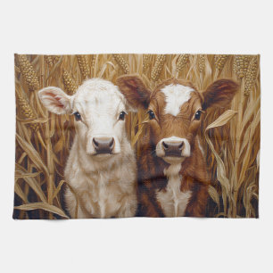 Cute Cow Calves Corn Field Tea Towel