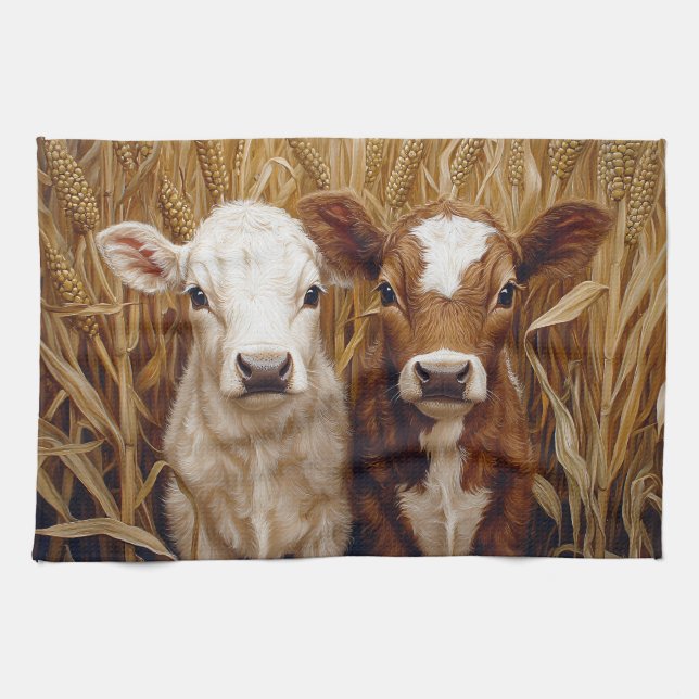 Cute Cow Calves Corn Field Tea Towel (Horizontal)