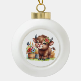 Cute Cow Ceramic Ball Christmas Ornament