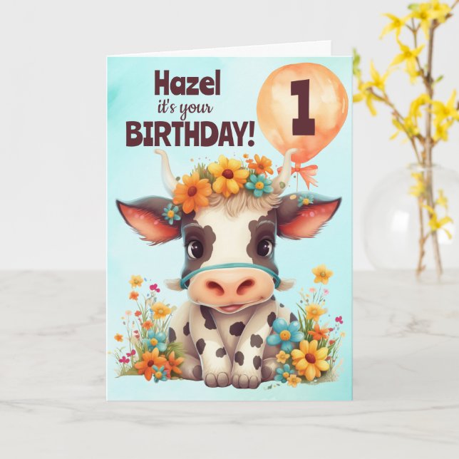 Cute Cow Children's Age Birthday Card (Yellow Flower)