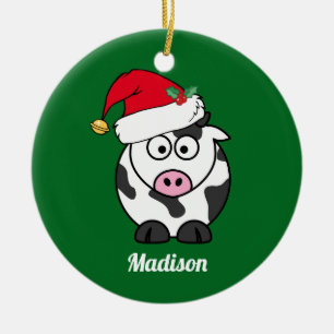 Cute Cow Christmas Personalised Green Kids  Ceramic Tree Decoration
