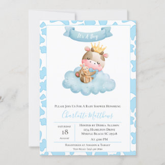 Cute Cow Cloud Balloons Baby Shower Invitation