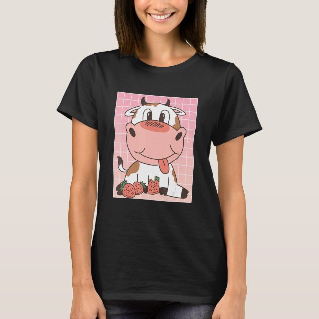 Cute Cow Eating Strawberries T-Shirt (Front)