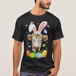 Cute Cow Face With Bunny Ears Colorful Eggs Easter T-Shirt