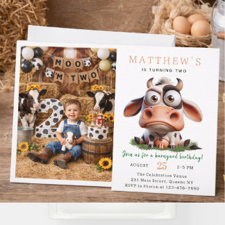 Cute Cow Farm Animals 2nd Birthday Party Invitation
