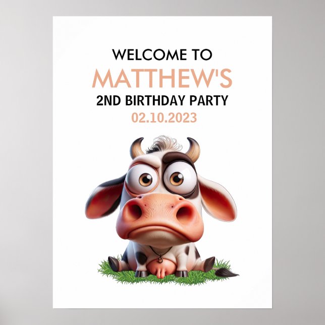 Cute Cow Farm Animals 2nd Birthday Party Welcome Poster (Front)