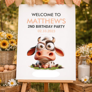 Cute Cow Farm Animals 2nd Birthday Party Welcome Poster
